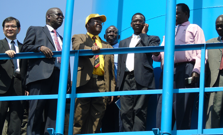 Prof. Ephraim Kamuntu, the Minister for Water and Environment accompanied by Yutaka Nakamura, the Japanese Ambassador to Uganda, and other officials inspecting a multi billion shillings water projects in Gulu last week