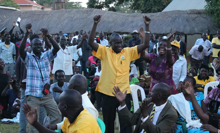 Okello Douglas Peter Okao jibilates after being annouced NRM district chair
