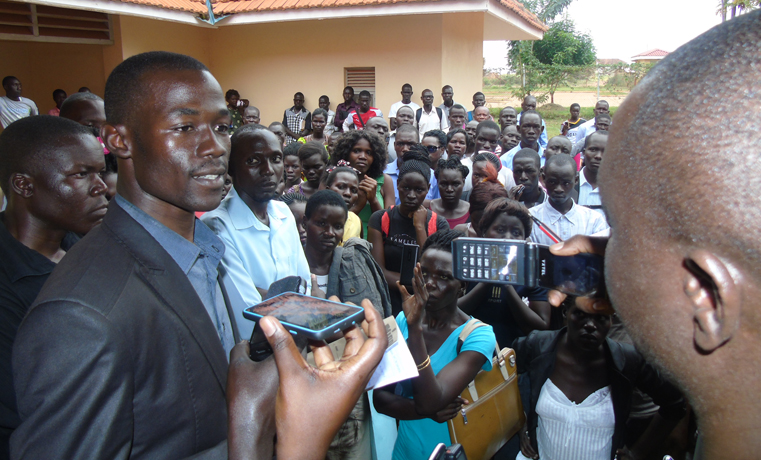 Richard Bongowat –Luganya, the Gulu University Guild President addressing striking students at Office of the Resident District Commissioner (RDC) on Saturday afternoon