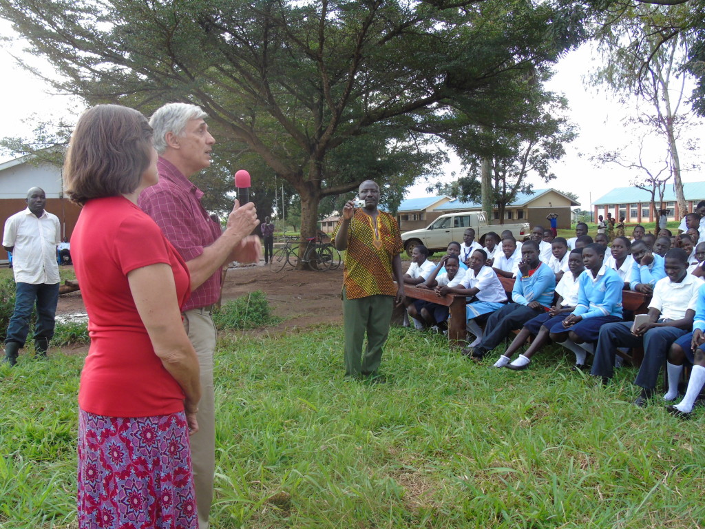 An American couple speaking to students of St Thomas Moore Minakulu in Gulu district. They urged girls to embrace the study of the sciences .