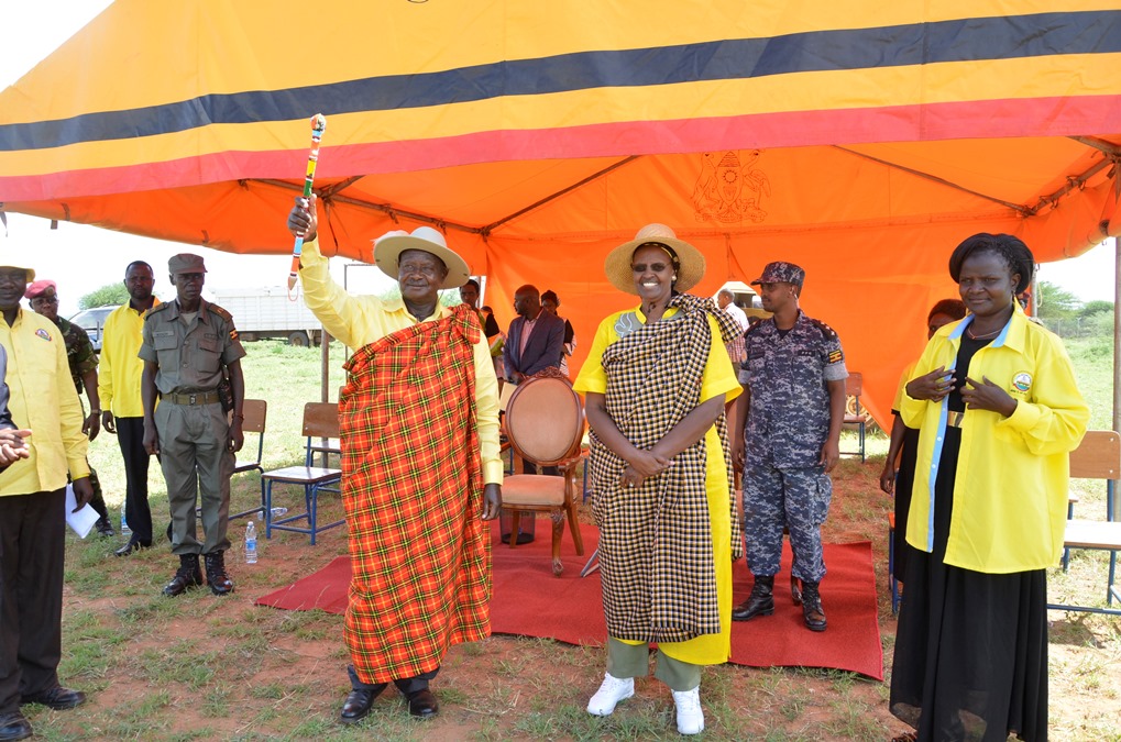 President Museveni and first lady Janet Museveni donning the traditional Karimojong wear at a rally in Pokot Senior Secondary school in Amudat District