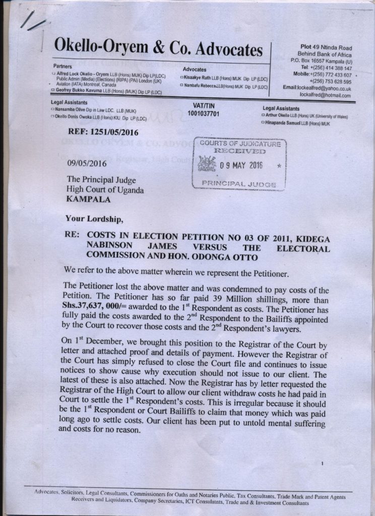 Letter of Kidega's Lwayer Okello Oryem to Principal Judge dated 9,May (1)