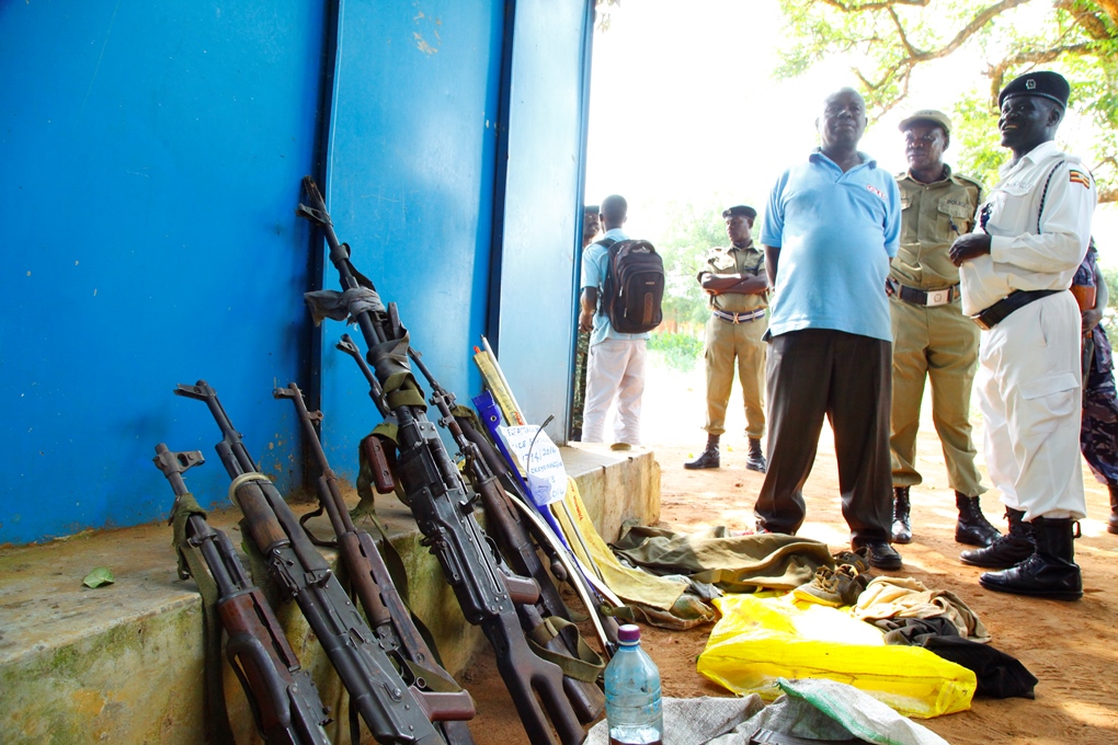 some of the guns recovered from the unknown gunmen displayed at the Gulu Central Police station on Monday. Photo By Denis Otim